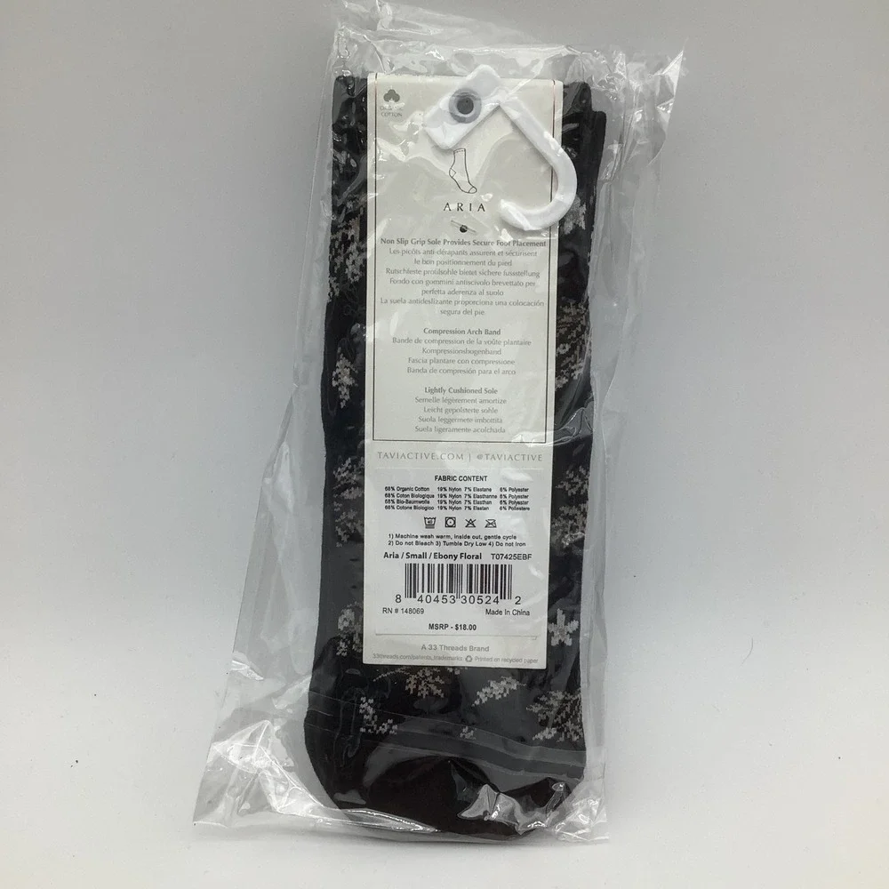 Tavi Aria Grip‎ Socks Ebony Floral Organic Cotton Non Slip Yoga Size Small New
